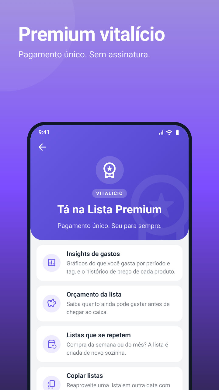 Tela do Premium vitalício com os benefícios